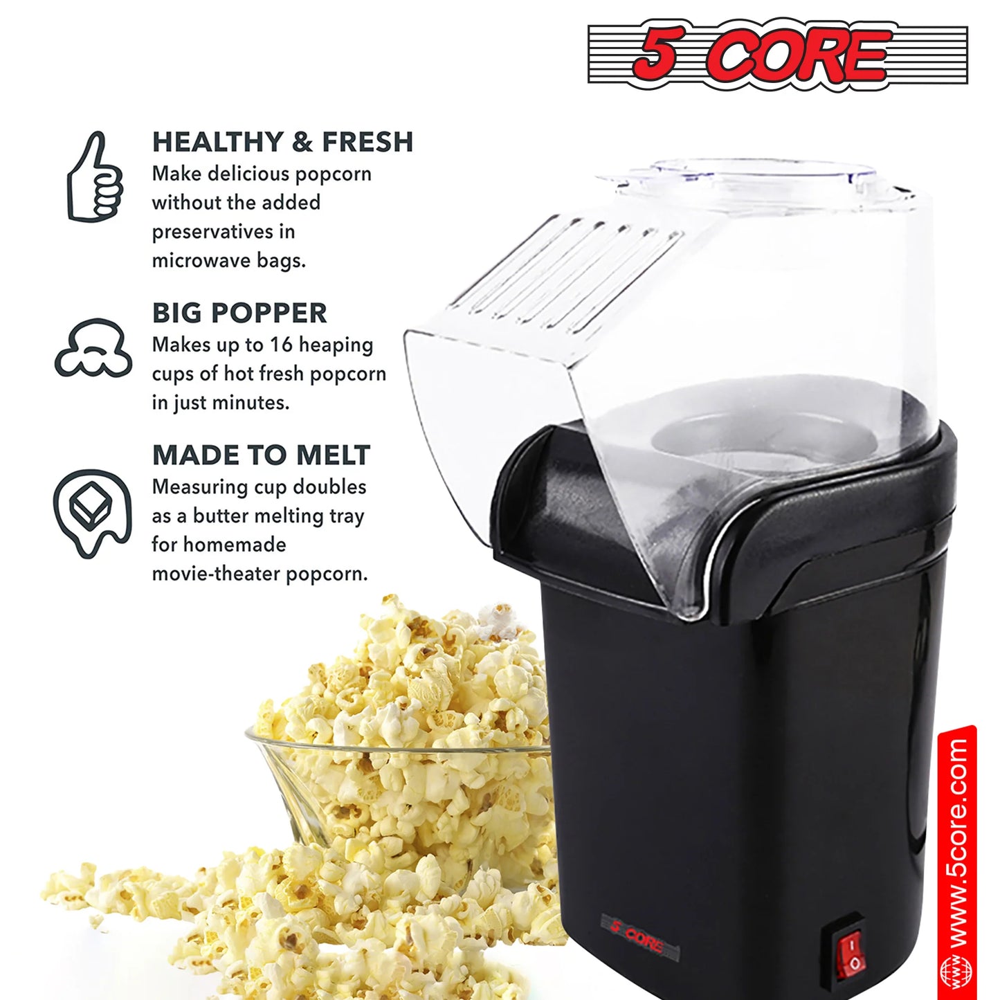 6-Cup Portable Electric Hot Air Popcorn Maker - Effortlessly Make Healthy Snacks