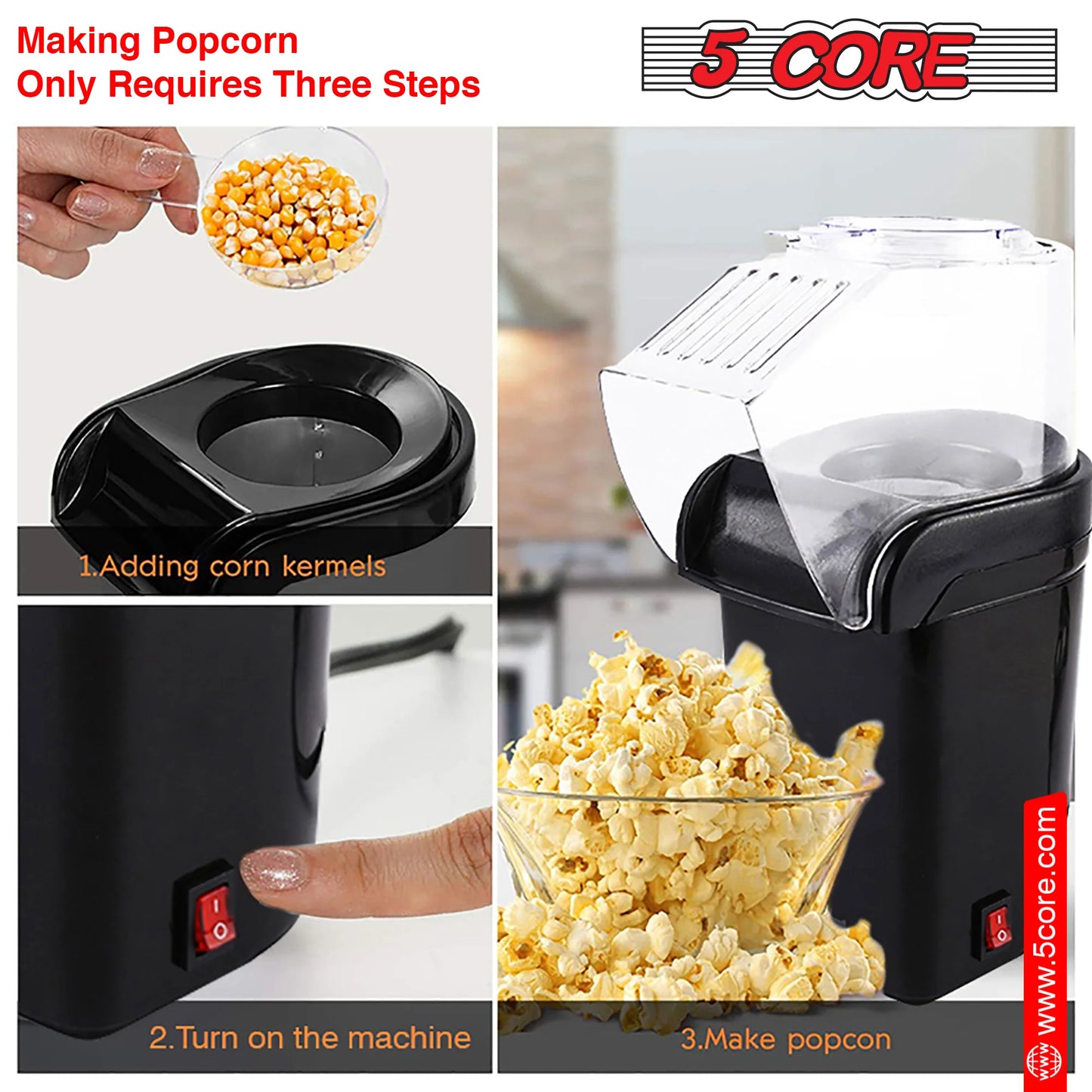 6-Cup Portable Electric Hot Air Popcorn Maker - Effortlessly Make Healthy Snacks