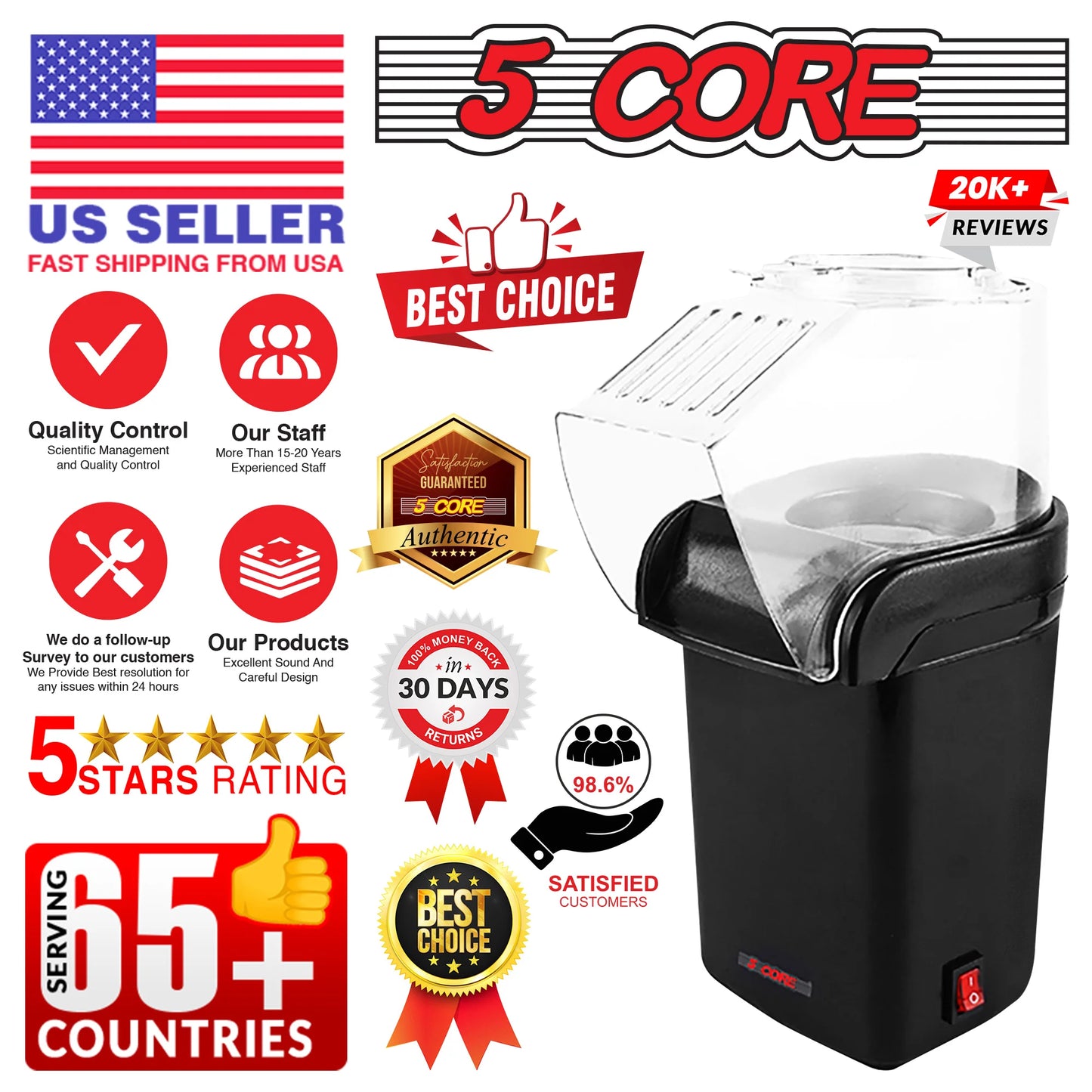 6-Cup Portable Electric Hot Air Popcorn Maker - Effortlessly Make Healthy Snacks