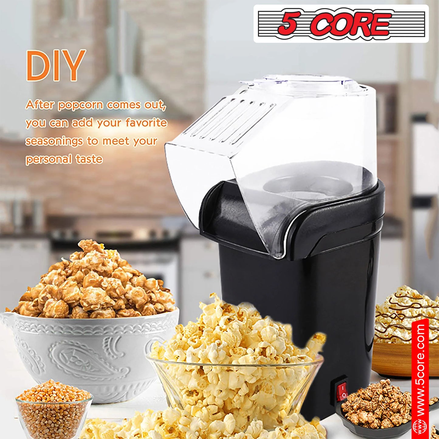 6-Cup Portable Electric Hot Air Popcorn Maker - Effortlessly Make Healthy Snacks