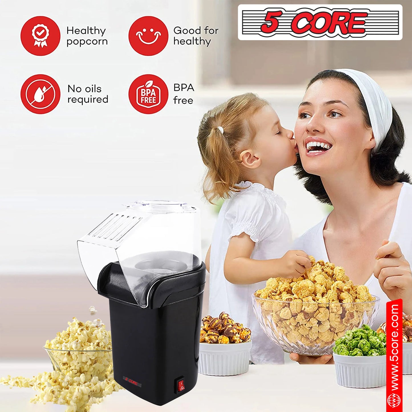 6-Cup Portable Electric Hot Air Popcorn Maker - Effortlessly Make Healthy Snacks