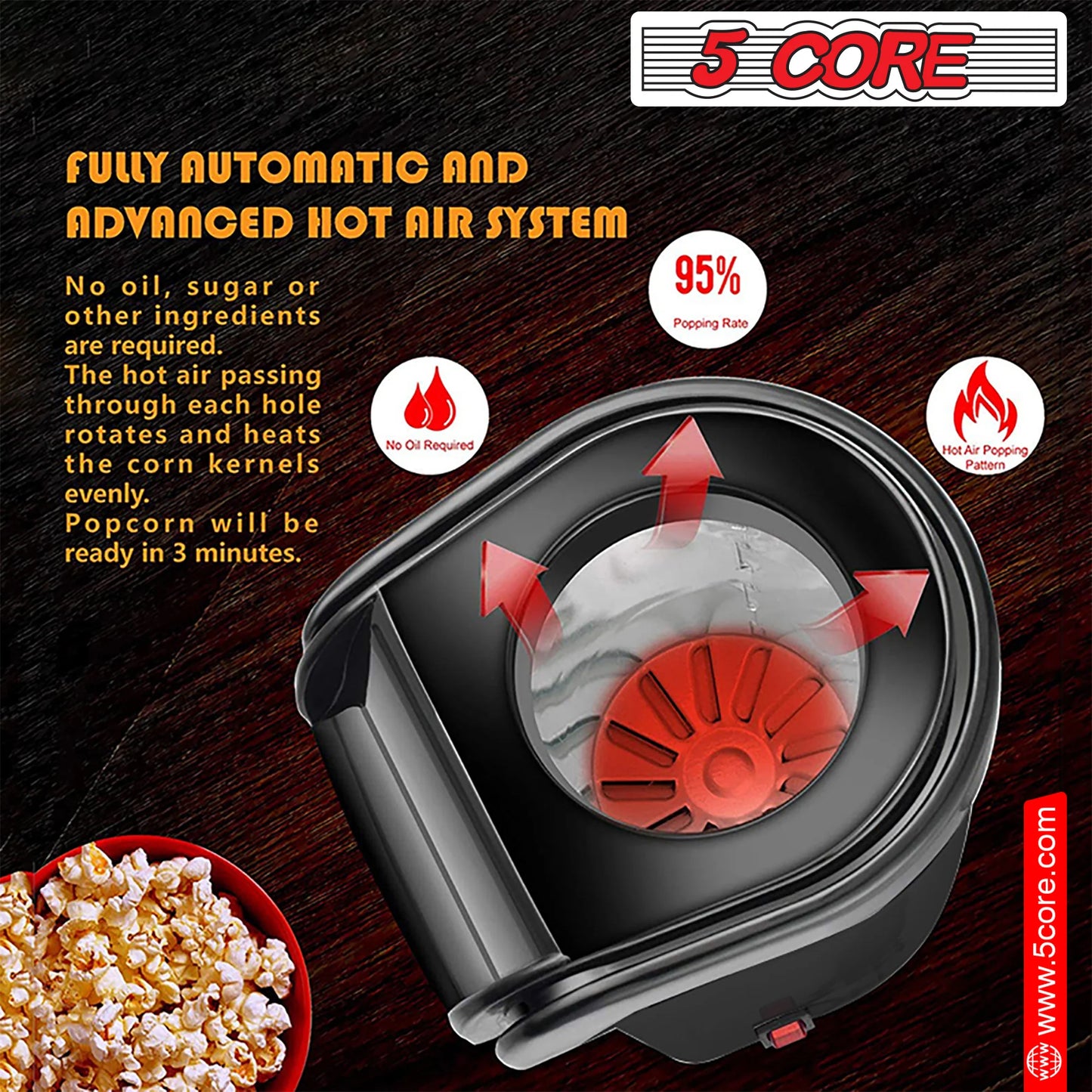 6-Cup Portable Electric Hot Air Popcorn Maker - Effortlessly Make Healthy Snacks