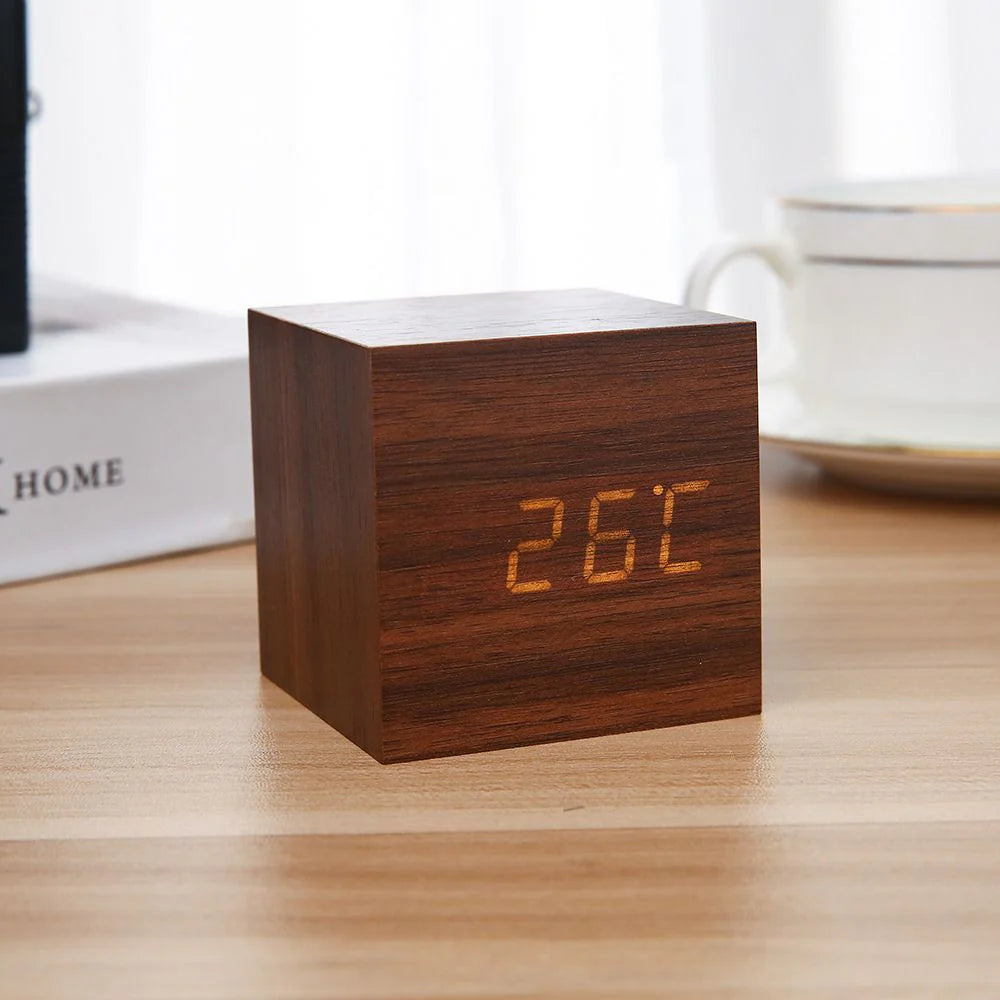 Sleek Minimalist Wooden Desk Clock with Alarms and Temperature Display