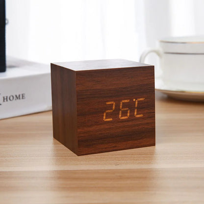 Sleek Minimalist Wooden Desk Clock with Alarms and Temperature Display