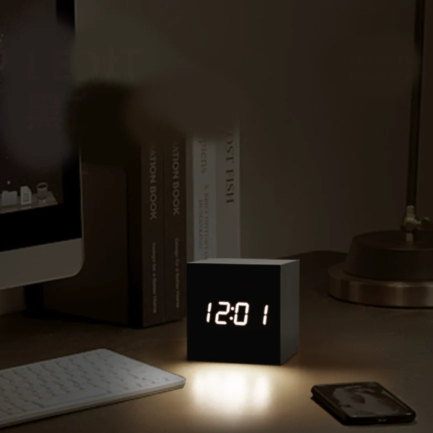 Sleek Minimalist Wooden Desk Clock with Alarms and Temperature Display