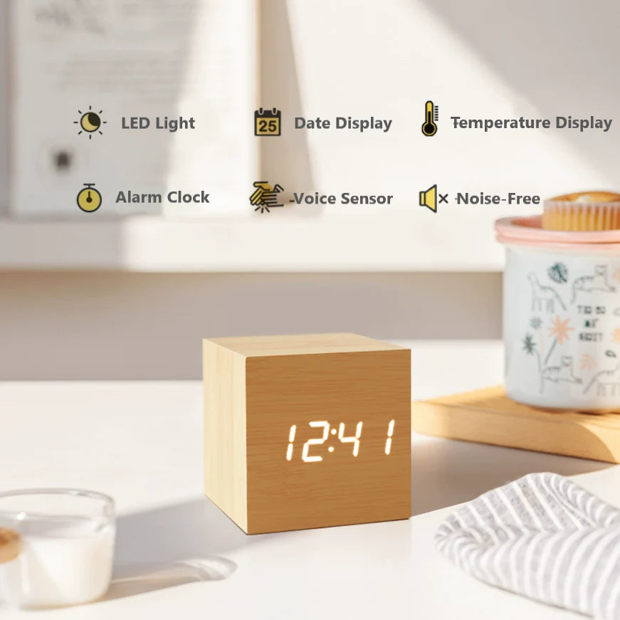 Sleek Minimalist Wooden Desk Clock with Alarms and Temperature Display
