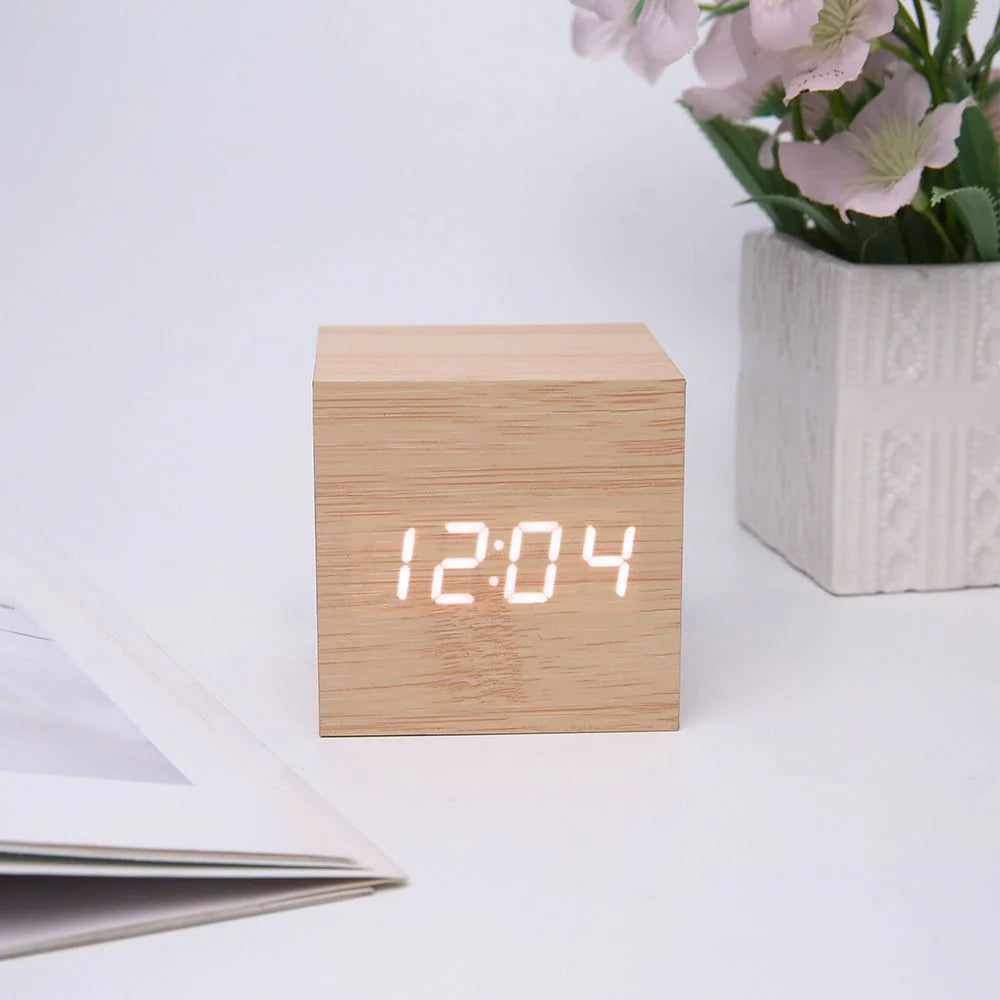 Sleek Minimalist Wooden Desk Clock with Alarms and Temperature Display
