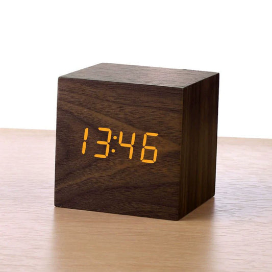 Sleek Minimalist Wooden Desk Clock with Alarms and Temperature Display