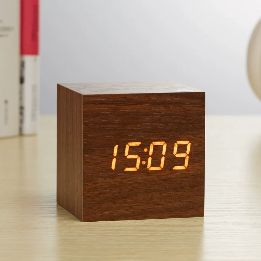 Sleek Minimalist Wooden Desk Clock with Alarms and Temperature Display