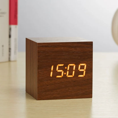 Sleek Minimalist Wooden Desk Clock with Alarms and Temperature Display