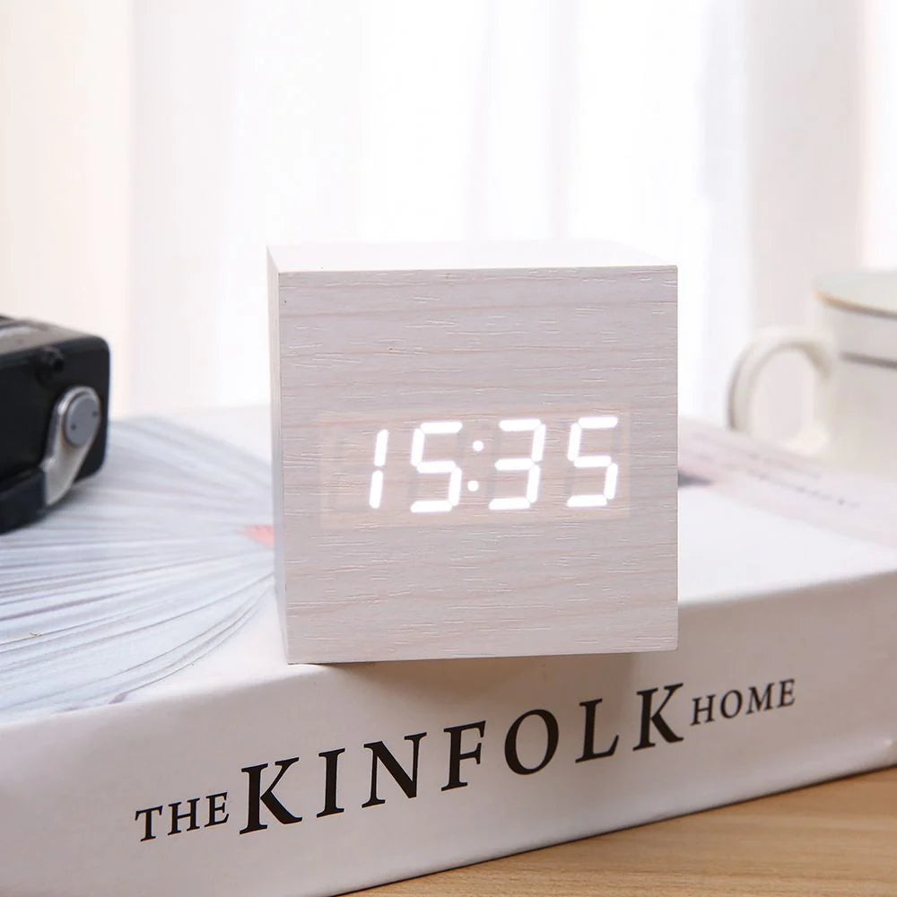 Sleek Minimalist Wooden Desk Clock with Alarms and Temperature Display