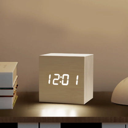 Sleek Minimalist Wooden Desk Clock with Alarms and Temperature Display